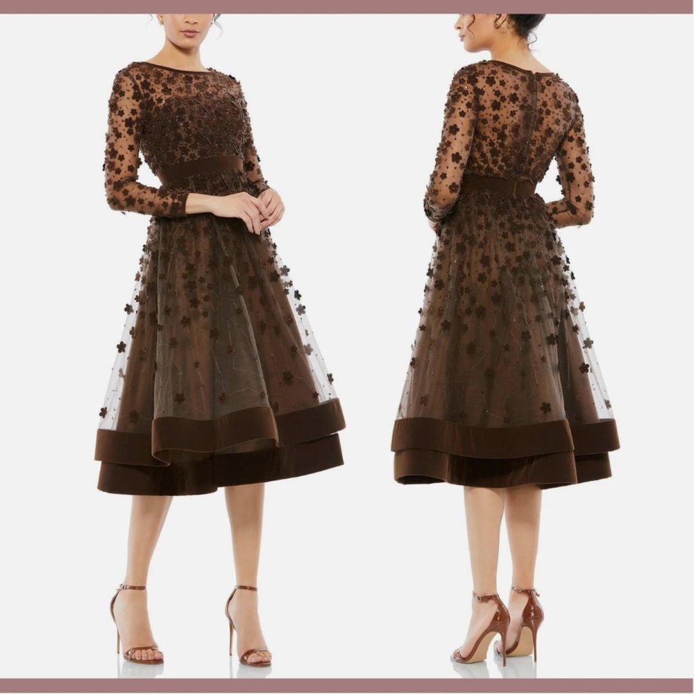 NWT Mac Duggal [ 10 ] Floral High Neck Long Sleeve Fit Flare Dress‎ Coffee Brown - Picture 2 of 15